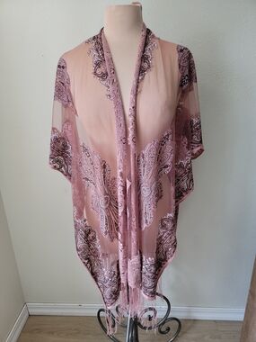 Blush Pink Paisley Sheer Fringe Lace Overlay Kimono Festival